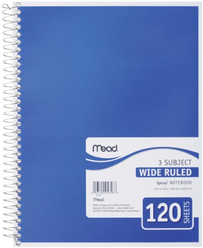 ''Mead Spiral NOTEBOOK, 3-Subject, Wide-Ruled, COLOR MAY VARY (05746)''