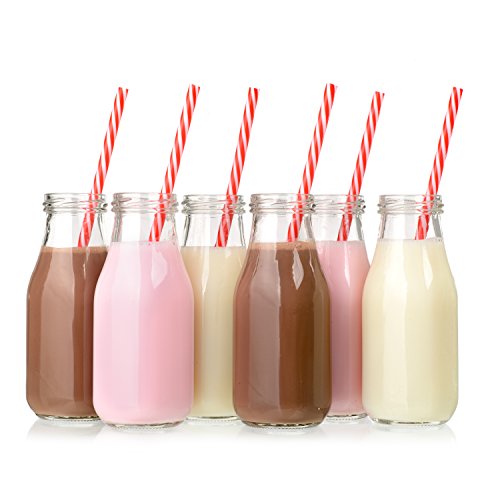 ''Glass Milk Bottles with Lids 11oz (12-Pack), Juice Bottles with Lids, VINTAGE Breakfast Shake Conta