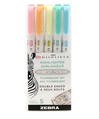 ''Zebra PEN Mildliner, Double Ended Highlighter, Broad and Fine Tips, Assorted Fluorescent Colors, 5 