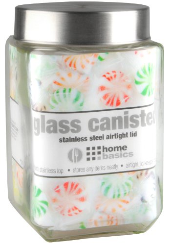 ''Home Basics Large 56 oz. Square Glass Canister JAR Container Fresh Sealed with Air-Tight Stainless-