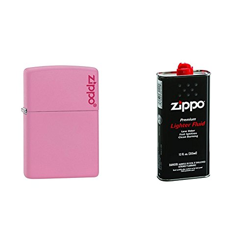 Zippo Pink Matte Logo Pocket LIGHTER with 12 oz LIGHTER Fluid