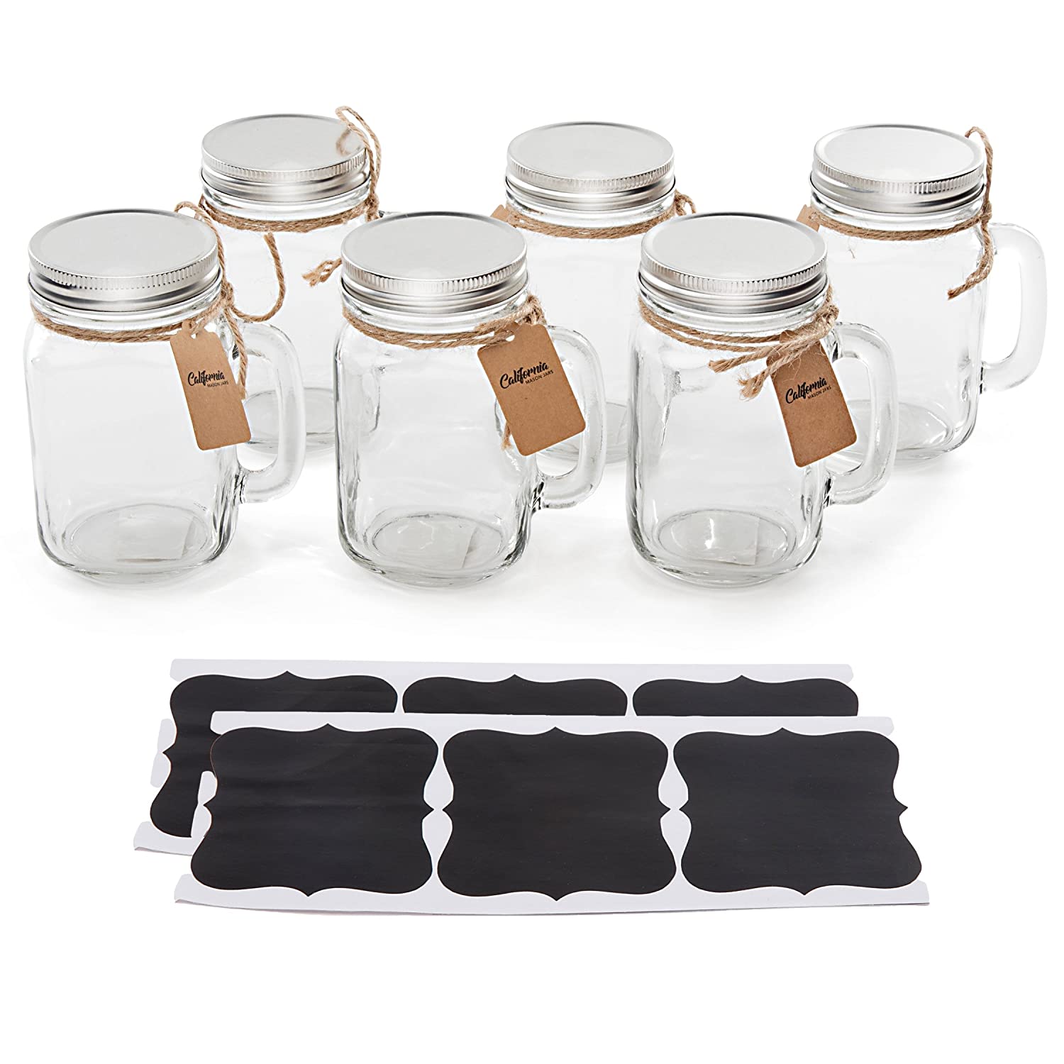 ''6 Pack - Vintage Mason Jar MUGs with Chalkboard Labels and Tin Lids, Mason MUGs with Handles for We