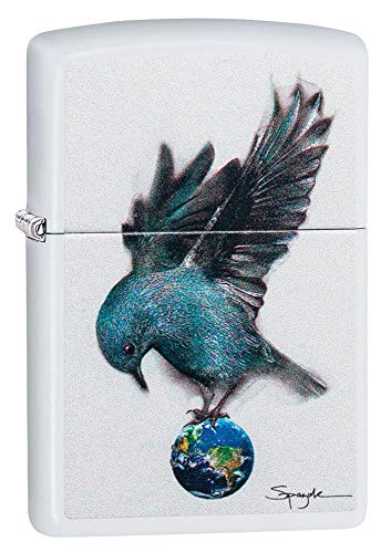 Zippo Spazuk Bluebird Perched on Earth White Matte Pocket LIGHTER