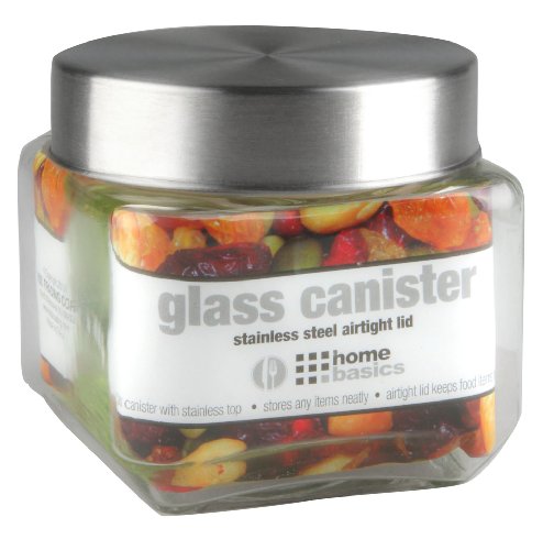 ''Home Basics Small 27 oz. Square GLASS Canister Jar Container Fresh Sealed with Air-Tight Stainless-