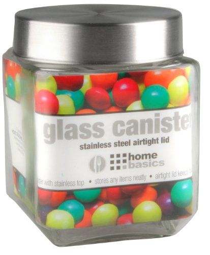 ''Home Basics Medium 40 oz. Square GLASS Canister Jar Container Fresh Sealed with Air-Tight Stainless