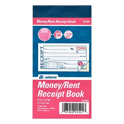 Money/Rent Receipt BOOK 2-Part Carbonless 2-3/4