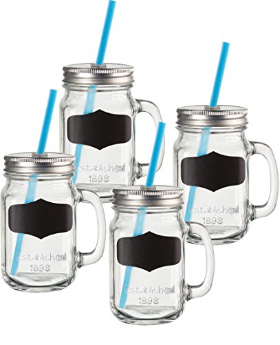 Product Image - Circleware 69084 Yorkshire Mason Jar Mugs with Handle, Chalkboard, Lids and Straws, Set of 4, Heavy Base Fun Glassware Drinking Glass Beverage Cups for Water, Beer, Whiskey Bar Decor, 15.5 oz, Chalk