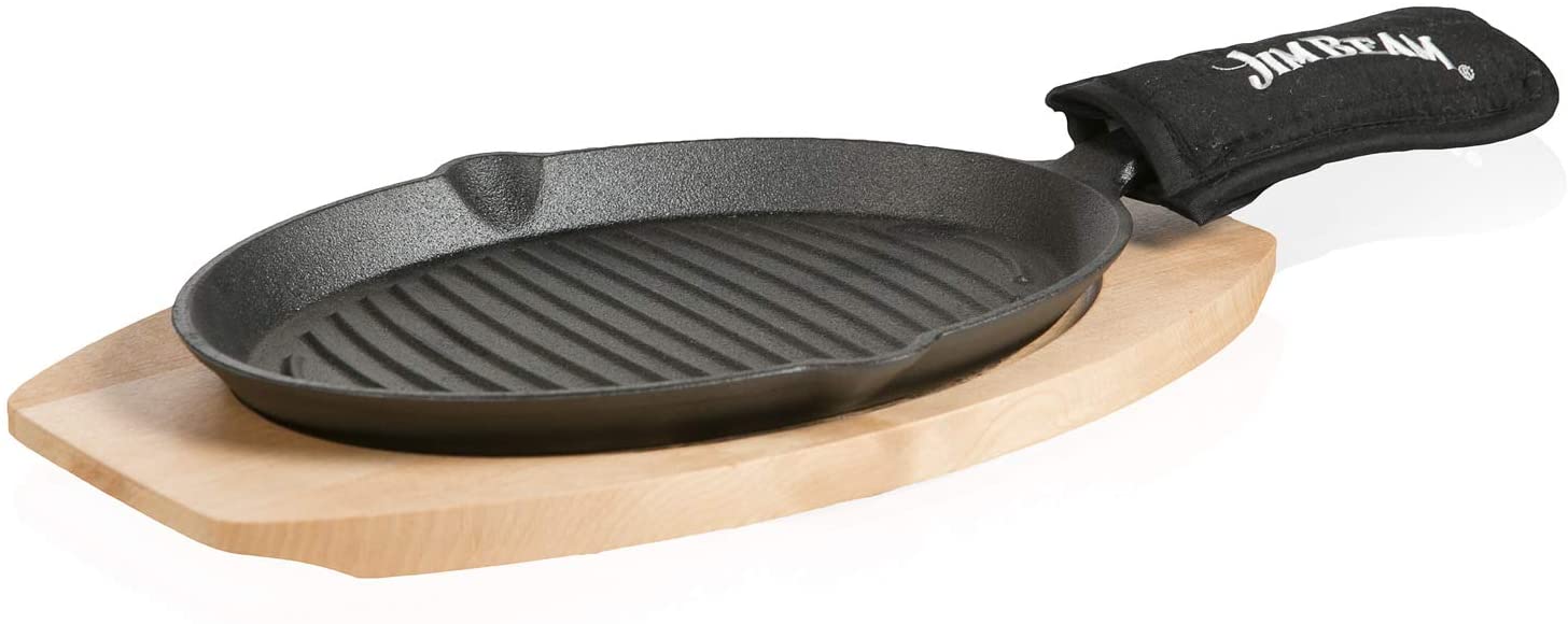 ''Jim Beam JB0159, Heavy Duty Construction, Pre Seasoned CAST IRON Skillet with Wooden Base and Mitt,