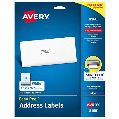 ''Avery Easy Peel Address Labels, Inkjet PRINTERs, White, 1'''' x 2-5/8'''', Box of 750 Labels (08160)''
