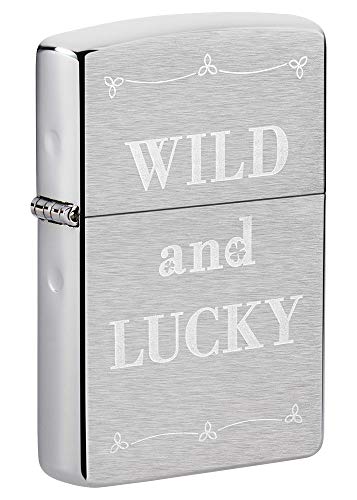 ''Zippo Wild and Lucky Design Brushed Chrome Pocket LIGHTER, Brushed Chrome Wild and Lucky, One Size''