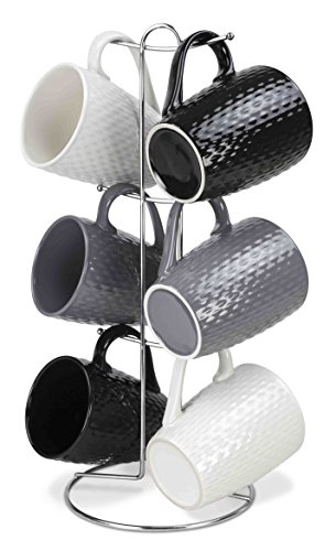 ''Home Basics 7 Piece Diamond MUG Set 6 11 oz MUGs and MUG Stand in Black, Gray and White Add A Fun a