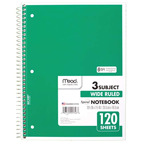 ''Mead Spiral Notebook, 3 Subject, Wide Ruled Paper, 120 SHEETS, 10-1/2'''' x 7-1/2'''', Green (72221)''