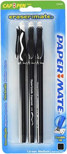 ''Paper Mate EraserMate PEN Stick, Stick Ball Point PEN Black Barrel Medium-1.0mm, 3-Carded, Black In