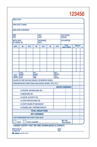 ''Adams Employee Payroll Record BOOK, 2 Part, Carbonless, 4.19 x 7.19, 50 Sets per BOOK, White and Ca