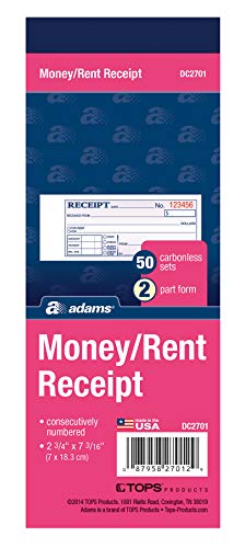 ''Adams Money and Rent Receipt BOOK, 2-Part, Carbonless, 2.75 x 7.19 Inch, 50 Sets, White and Canary 