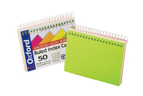 ''Oxford Spiral Bound Glow Index Cards, 3'''' x 5'''', Ruled, Assorted Bright Colors, 50 Cards per BOOK (