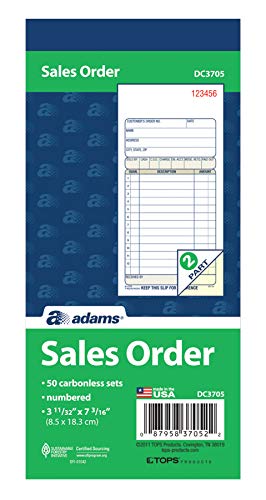 ''Adams Sales Order BOOK, 2-Part, Carbonless, White/Canary, 3-11/32 x 7-3/16 Inches, 50 Sets per BOOK