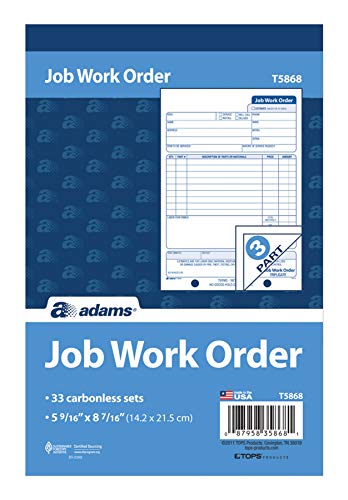 ''Adams Job Work Order BOOK, 3-Part Carbonless, White/Canary/White, 5-9/16 x 8-7/16 Inches, 33 Sets (