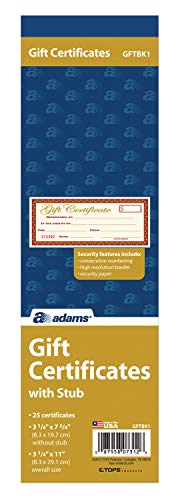 ''Adams 1-Part GIFT Certificates with Stub, 3-1/4'''' x 7-13/16'''', 25 Certificates/BK (GFTBK1)''