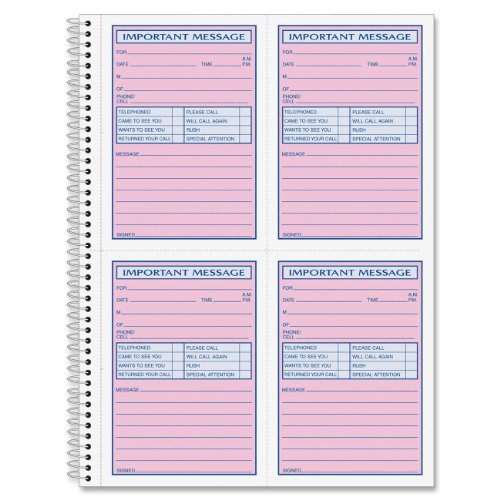 ''Adams Spiral Bound Phone Message BOOK, Carbonless Duplicate, 4 Messages per Page, 200 Sets per BOOK