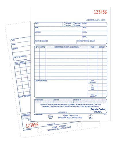 ''Adams Repair Order BOOK, Carbonless, 2-Part, White/White, 5-9/16 x 8-7/16 Inches, 50 Sets (D5084)''