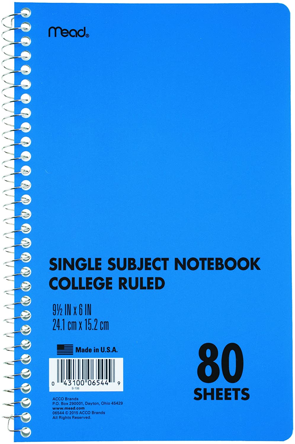 ''Mead Sprial Notebook, 1 Subject, College Ruled Paper, 80 SHEETS, 9-1/2'''' x 6'''', Blue (06544)''