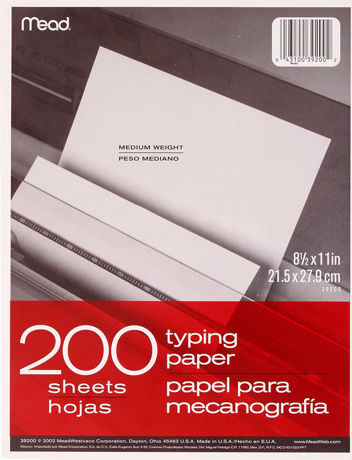 ''Mead Typing Paper, 8-1/2'''' x 11'''', Letter Size, White, 200 SHEETS/Pack (39200)''