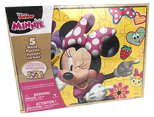 DISNEY Minnie Mouse 5 Wood Jigsaw Puzzles in Wood Storage Box