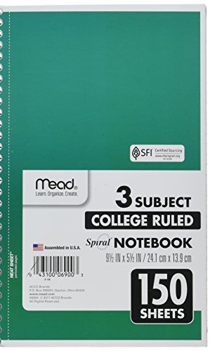 ''Mead Spiral NOTEBOOK, 3 Subject, College Ruled Paper, 150 Sheets, 9-1/2'''' x 5-1/2'''', Color Selected