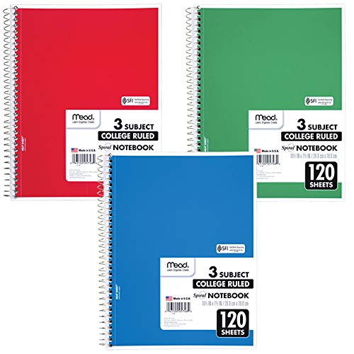 ''Mead Spiral NOTEBOOK, 3 Subject, College Ruled Paper, 120 Sheets, 10-1/2'''' x 8'''', Color Selected Fo