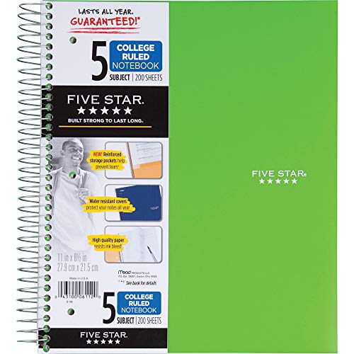 ''Five Star Spiral NOTEBOOK, 5 Subject, College Ruled Paper, 200 Sheets, 11'''' x 8-1/2'''', Color Select
