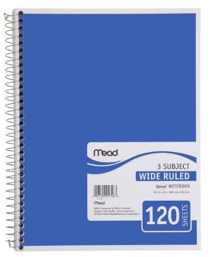 ''Mead Spiral NOTEBOOK, 3 Subject, Wide Ruled Paper, 120 Sheets, 10-1/2 x 7-1/2 inches, Blue (72223)''