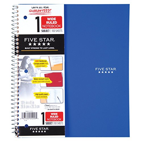 ''Five Star Spiral NOTEBOOK, 1 Subject, Wide Ruled Paper, 100 Sheets, 10-1/2'''' x 8'''', Blue (72023)''