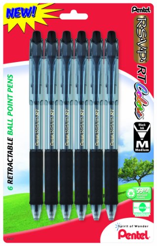 ''PENtel R.S.V.P. RT Colors New Retractable Ballpoint PEN, Medium Line, Black Ink, 6 Pack (BK93CRBP6A