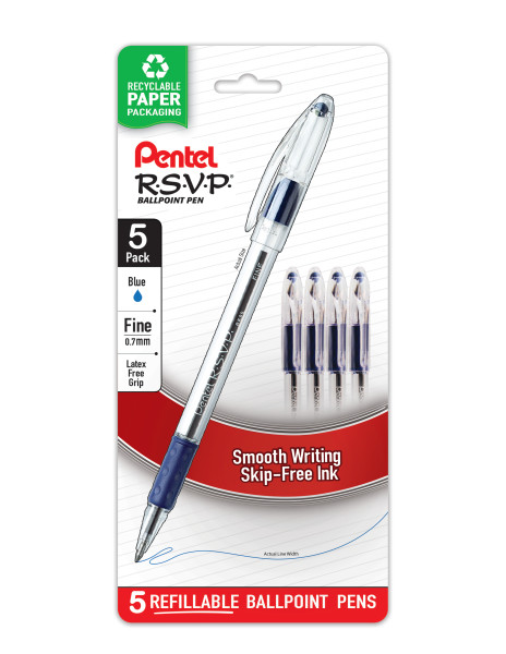 ''PENtel R.S.V.P. Ballpoint PEN, Fine Line, Blue Ink, 5 Pack (BK90BP5C)''