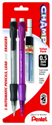 ''Pentel Champ Automatic PENCIL with Lead and 2 Erasers, 0.5mm, Assorted Barrels, 2 Pack (AL15LEBP2)''