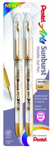 ''Pentel Arts Sunburst Metallic Gel Pen, Medium Line, Permanent, GOLD Ink, 2 Pack (K908BP2X)''
