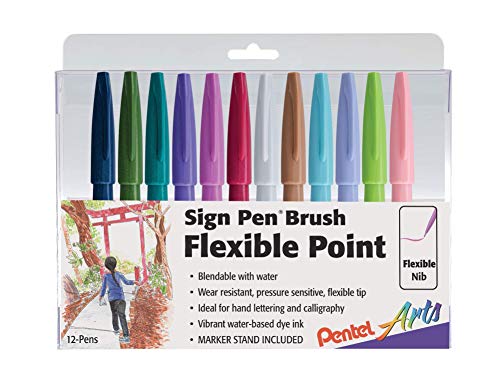 ''Pentel Arts SIGN Pen Brush Tip, Assorted Colors (CA/D2/D3/V2/P2/B2/N2/E2/S2/S3/K/P3), 12-Pk Plastic