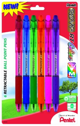 ''PENtel R.S.V.P. RT Colors New Retractable Ballpoint PEN, Medium Line, Assorted Ink Colors, 6 Pack (