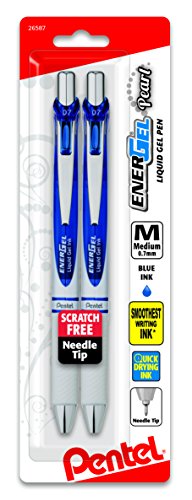 ''PENtel EnerGel Pearl Retractable Liquid Gel PEN, Needle Tip (0.7mm) Medium Line, Blue Ink, 2-Pk (BL