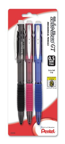 ''Pentel Twist-Erase GT (0.5mm) Mechanical PENCIL, Assorted Barrel Colors, Color May Vary, Pack of 3 