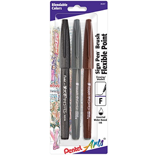 ''Pentel Arts SIGN Pen Touch, Fude Brush Tip, Black/Grey/Sepia Pack of 3 (SES15PABP3M)''