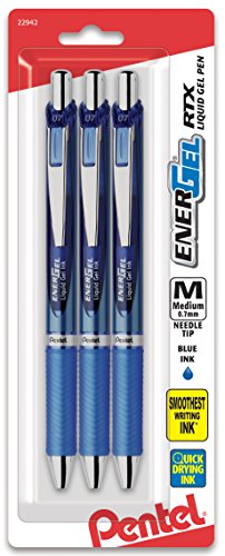 ''PENtel EnerGel Deluxe RTX Retractable Liquid Gel PEN, (0.7mm), Needle Tip, Blue Ink, 3 Pack (BLN77B