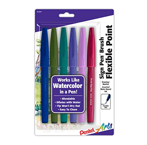 ''Pentel Arts SIGN Pen Brush Tip, assorted 3 Pastel Colors, 6-Pk (SES15C2BP6M)''