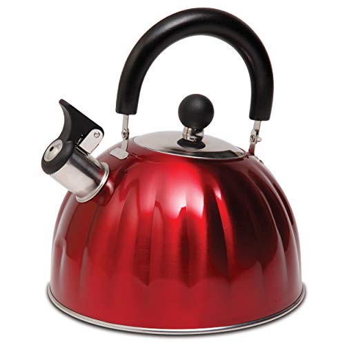 ''Mr. COFFEE Twining 2.1 Quart Pumpkin Shaped Stainless Steel Whistling Tea Kettle, Metallic Red''
