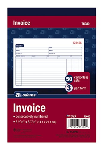 ''Adams Invoice BOOK, 3-Part, Carbonless, 5-9/16 x 8-7/16 Inches, 50 Sets per BOOK (T5080),White/Cana