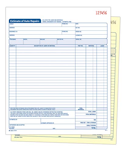 ''Adams Auto Repair Estimate BOOK, 2-Part, Carbonless, White/Canary, 8-3/8 x 10-11/16 Inches, 50 Sets