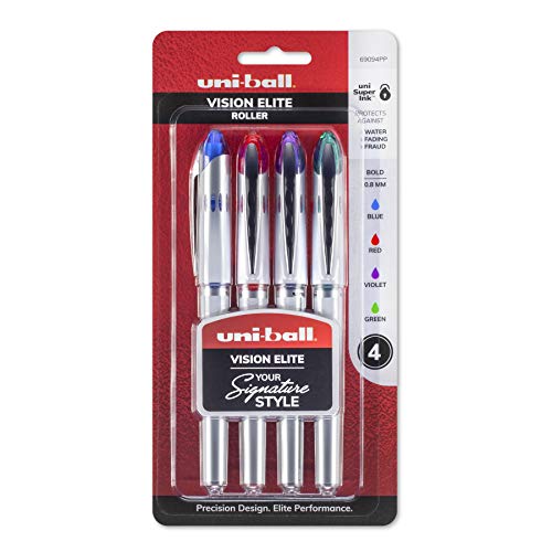 ''uni-ball Vision Elite Rollerball PENs, Bold Point (0.8mm), Assorted Colors, 4 Count''