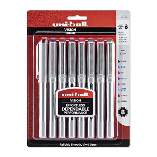 ''uni-ball Vision Rollerball PENs, Fine Point (0.7mm), Assorted Colors, 8 Count''