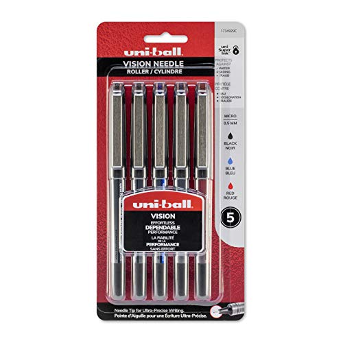''uni-ball Vision Needle Rollerball PENs, Micro Point (0.5mm), Assorted Colors, 5 Count''